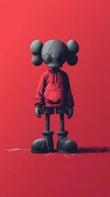 Brooding street toy stands alone in a crimson hush.