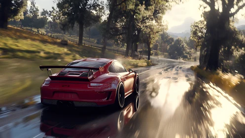 Red sports car powers through sunlit wet forest road.