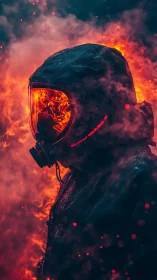 Welding mask in inferno, fire engulfed figure stands resolute.