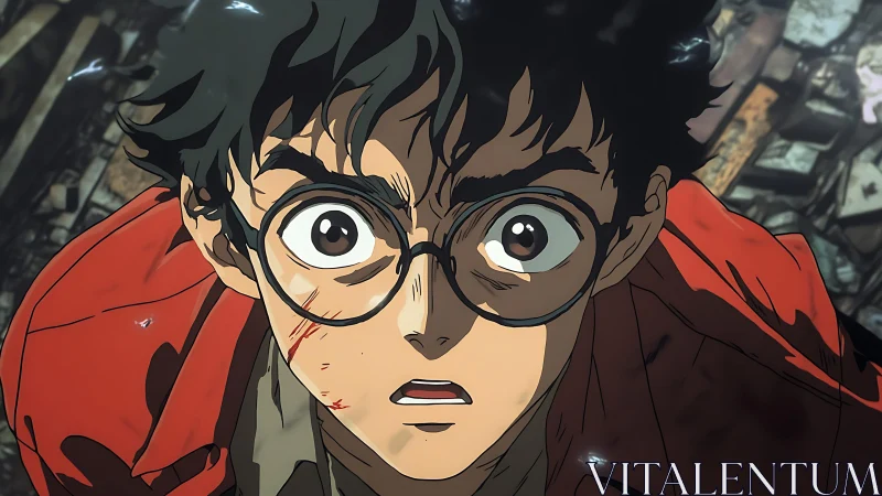 Wide-eyed rebel in shattered citylight, caught mid-gasp.