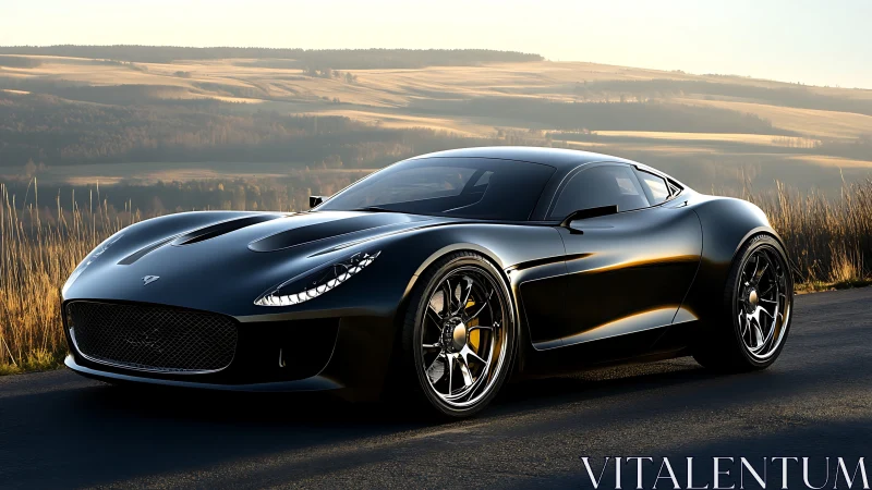 Black sports coupe parked on rural road at sunset light