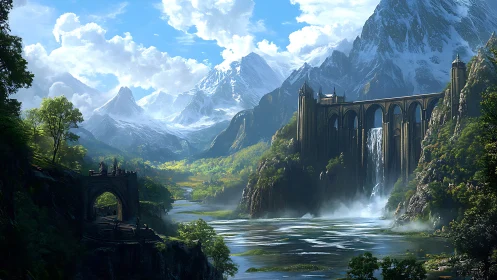 Sky-bridged citadel above a river of mist and emerald valleys.