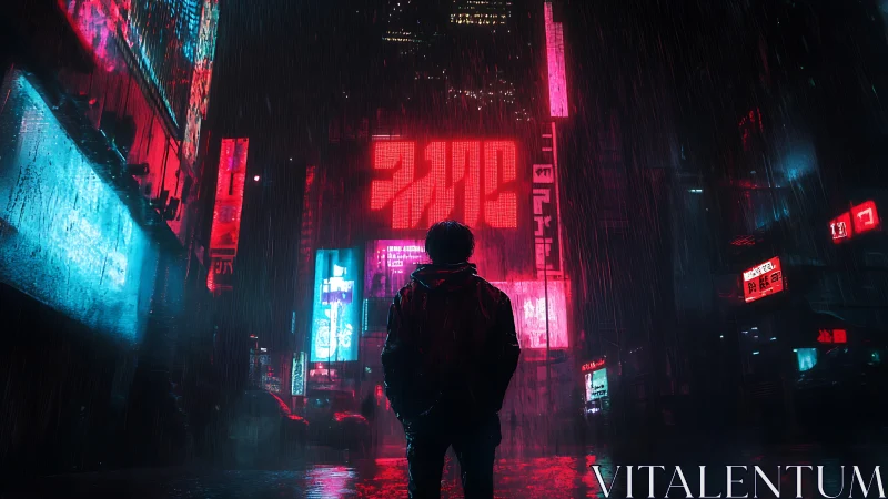 Silhouetted figure stands in neon city street under rain