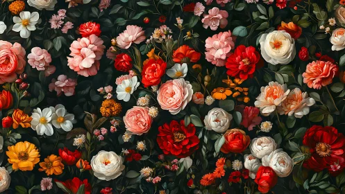 Floral arrangement with multiple bloom varieties arranged densely on dark background.