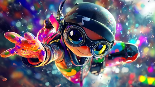 Goggle eyed paint diver surfing a neon splashstorm.