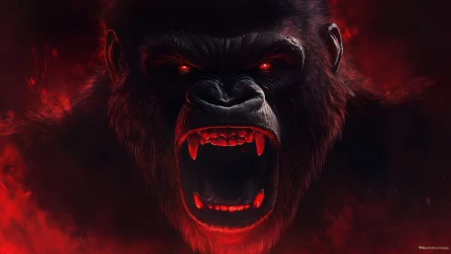 Gorilla head close-up with open mouth in red lighting.
