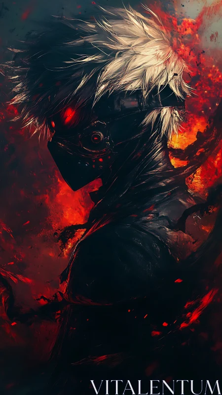 Masked cyber warrior in burning red energy storm.