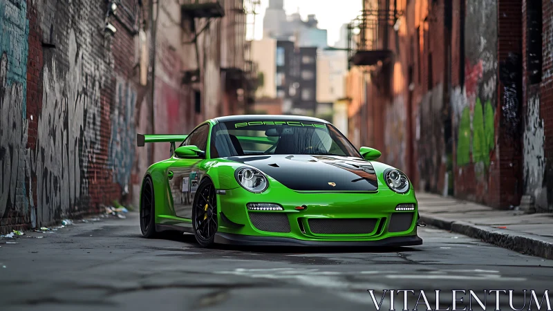 Vivid green Porsche race car stands bold in gritty alleyway.