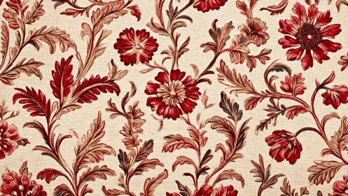 Textile floral repeat pattern with red botanical ornamentation.