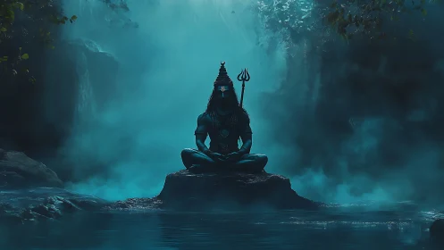 Meditating blue deity on rock island amid misty forest pool
