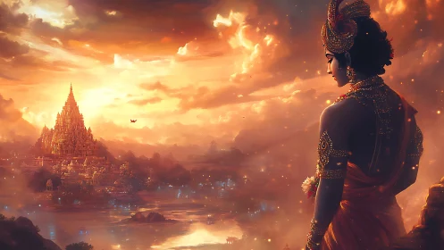 Golden dusk embraces a jeweled guardian above a sacred city