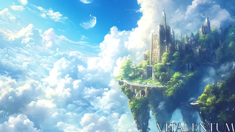 Soaring sky castle rises from drifting cloud islands