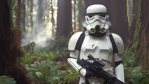 Stormtrooper stands guard in misty forest.