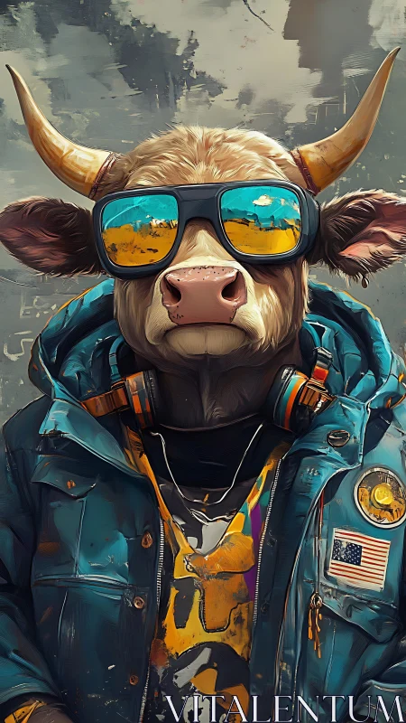 Cool anthropomorphic bull in streetwear and sunglasses.