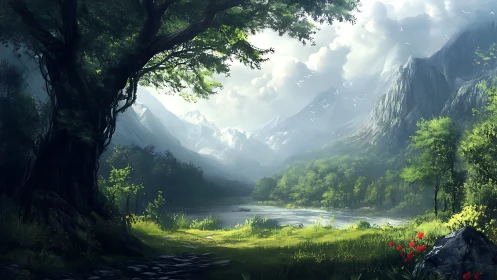 Algorithmically rendered alpine valley with luminous forest light.