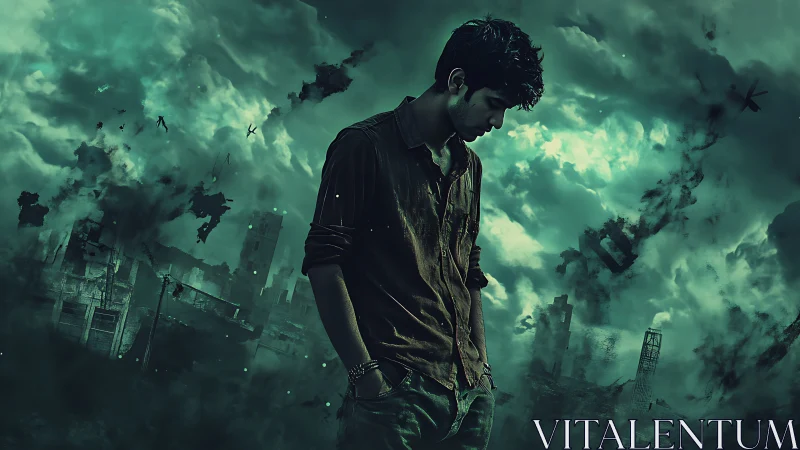 Solitary figure in teal-tinted apocalyptic stormscape.