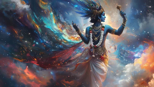 Cosmic blue deity dances through swirling nebulae.