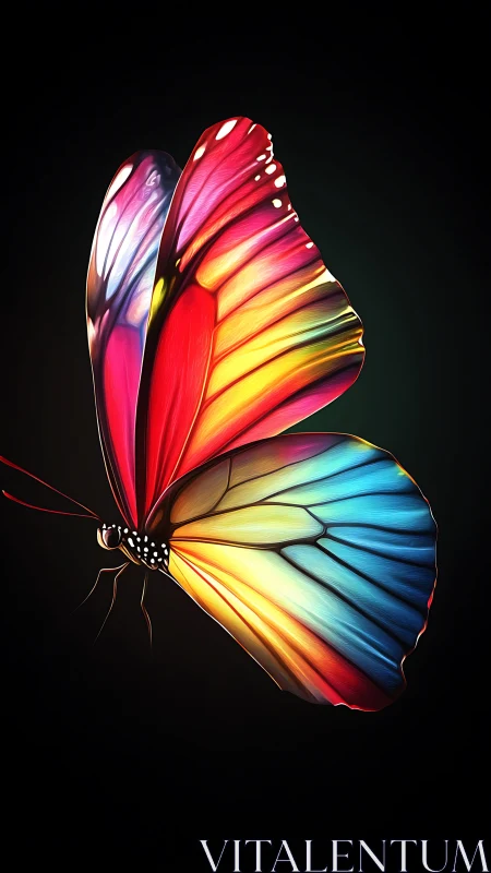 Radiant rainbow butterfly glows softly against the dark night.