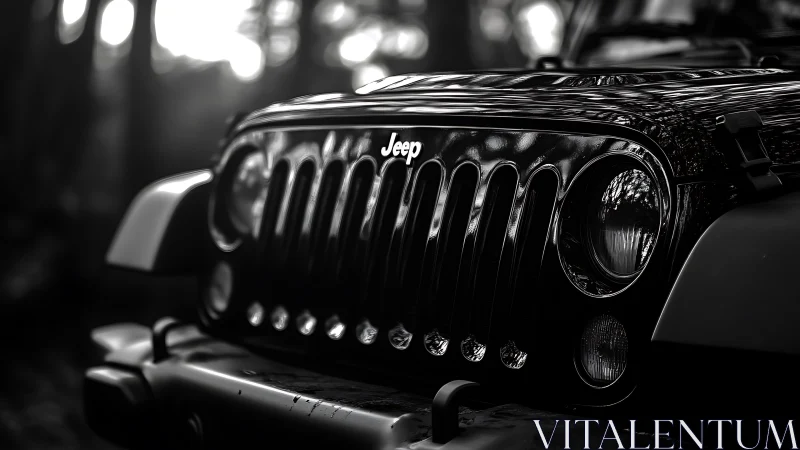 Monochrome Jeep front grille rendered with shallow depth of field