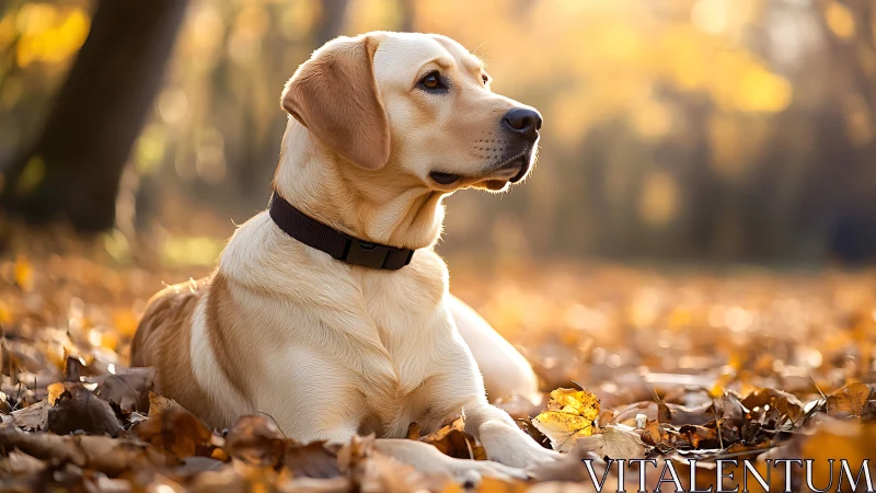 Gentle golden labrador relaxes calmly in a glowing autumn park