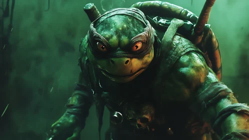 Grimy sewer warrior turtle stalks through emerald fog.
