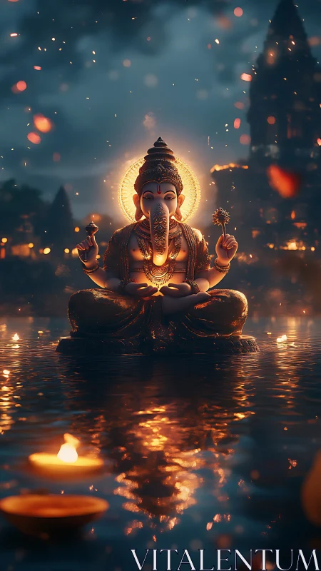 Illuminated Ganesha idol over reflective river with temple bokeh