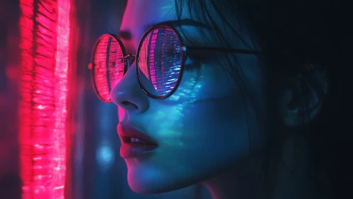 Cyberpunk portrait in neon magenta and cyan reflective glasses.
