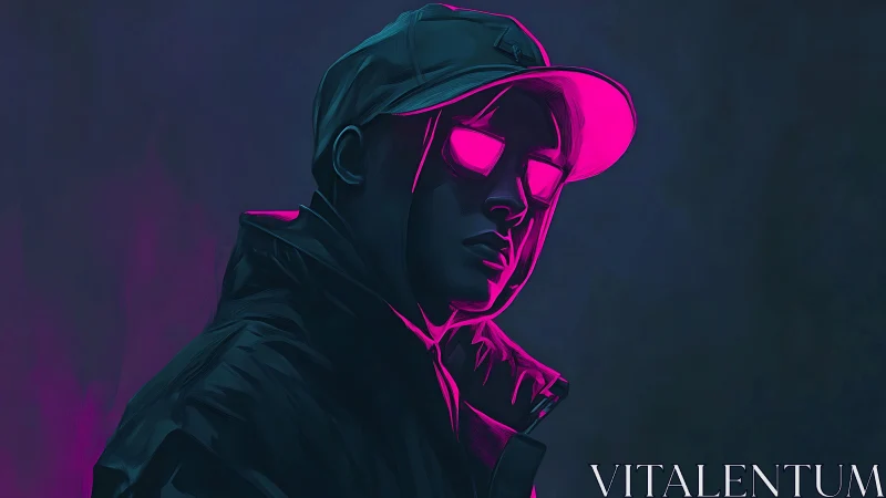 Neon-lit cyberpunk portrait glows in electric magenta light.