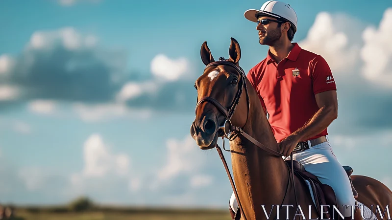 Mounted equestrian athlete in red polo shirt under diffuse daylight