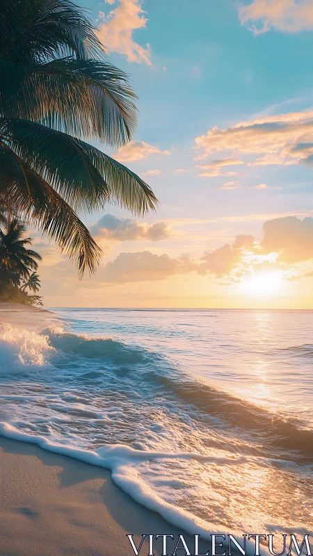 Photorealistic tropical shoreline at golden hour with surf dynamics.