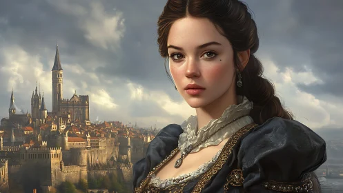 Portrait of a young noblewoman before fortified hill city