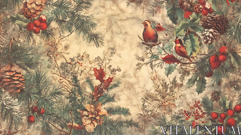 Vintage watercolor winter foliage pattern with songbirds border.