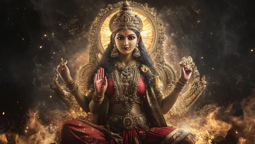 Digital depiction shows multi-armed goddess figure in flames