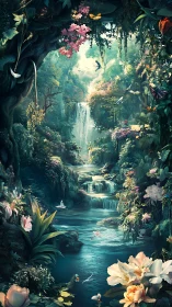 Lush fantasy waterfall glade in vertical digital painting.