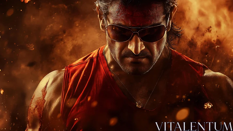 Intense action hero stands amid swirling fiery embers