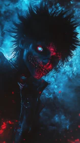 Cyber-noir demon portrait rendered in neon blue and red light