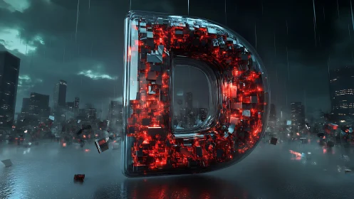 Neon monolith D ignites a rain-soaked cyber cityscape.