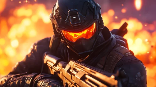 Armored sci fi soldier glowing against a storm of fire.