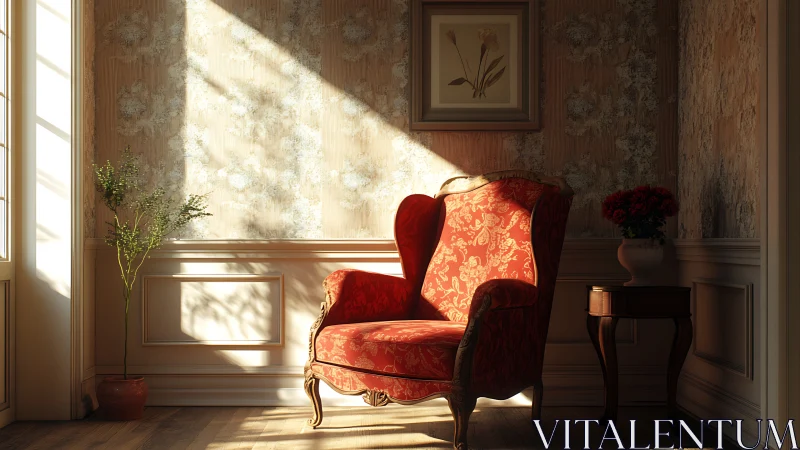 Sunlit red armchair in classical interior with strong directional light
