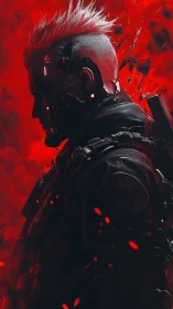 Fierce cyberpunk warrior stands silent in burning red haze