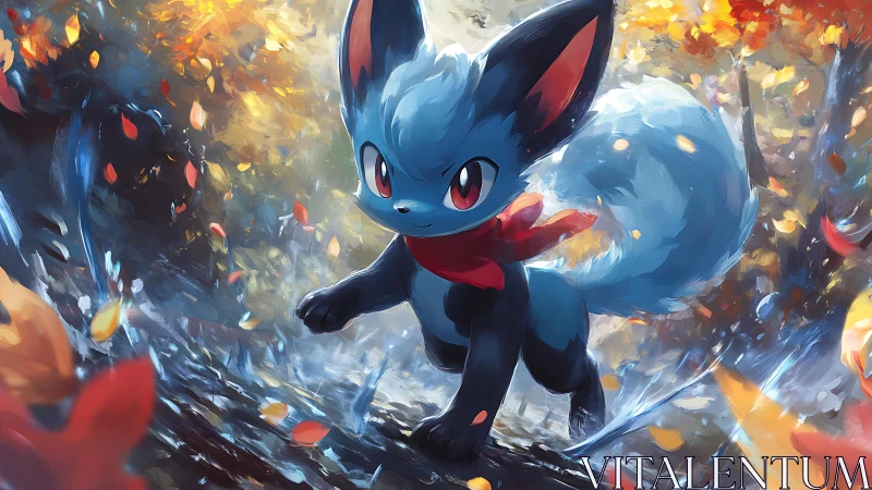Blue fox creature dashes through glowing autumn forest light