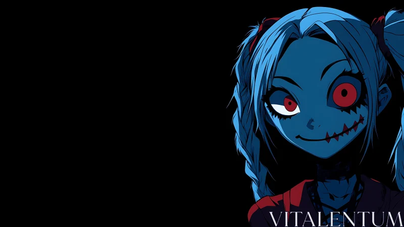 Blue-skinned stitched anime girl in asymmetric horror portrait.