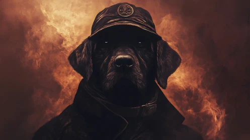 Canine sentinel in paramilitary coat amid combustion haze.