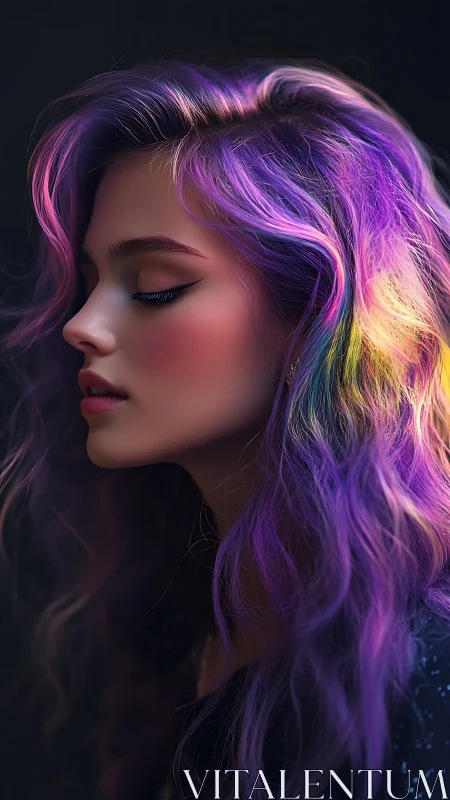 Neon siren in profile, dreaming beneath prismatic storms.