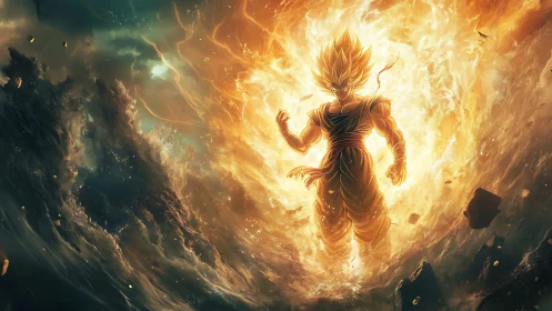 Blazing warrior rises in a storm of golden cosmic power.