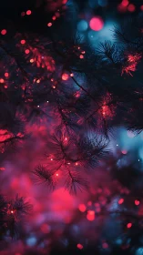 Neon-touched pine needles whisper through twilight bokeh glow