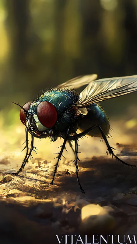 Macro view shows detailed housefly on sunlit forest floor