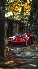Iconic red supercar rests beneath golden autumn trees