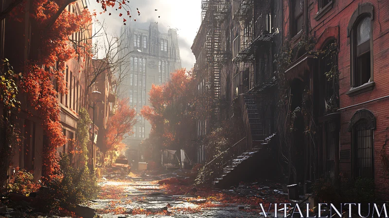 Abandoned autumn city street with ivy and fire escapes.