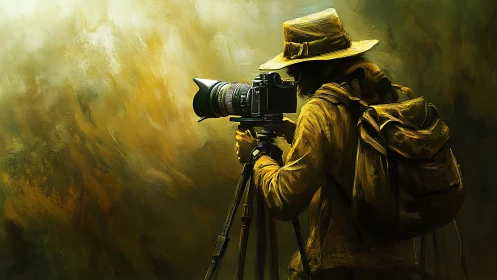 Solitary wilderness photographer studies the golden horizon
